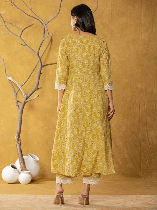 Yufta Mustard Lace-Work Cotton Anarkali Kurta & Trouser Dupatta Set - Swadesiicart