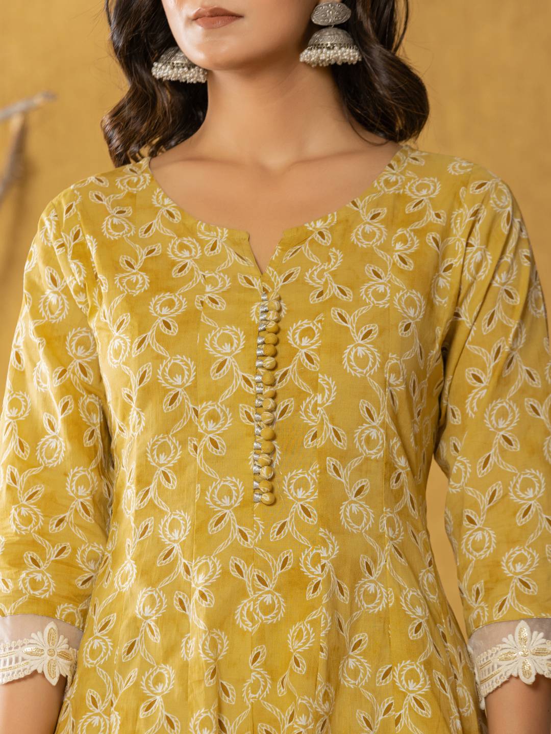 Yufta Mustard Lace-Work Cotton Anarkali Kurta & Trouser Dupatta Set - Swadesiicart