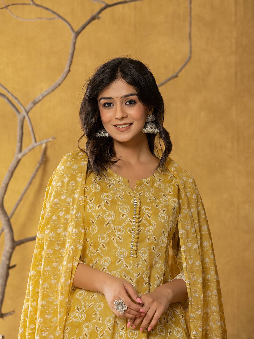 Yufta Mustard Lace-Work Cotton Anarkali Kurta & Trouser Dupatta Set - Swadesiicart