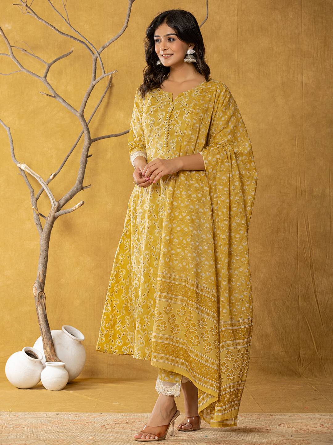 Yufta Mustard Lace-Work Cotton Anarkali Kurta & Trouser Dupatta Set - Swadesiicart