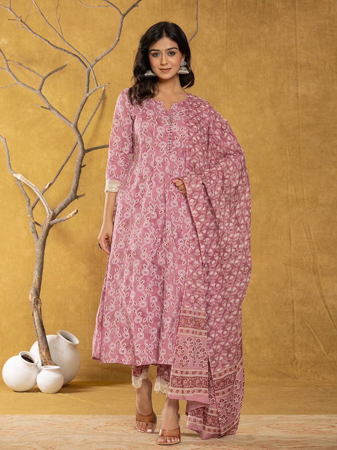 Yufta Pink Lace-Work Cotton Anarkali Kurta & Trouser Dupatta Set - Swadesiicart