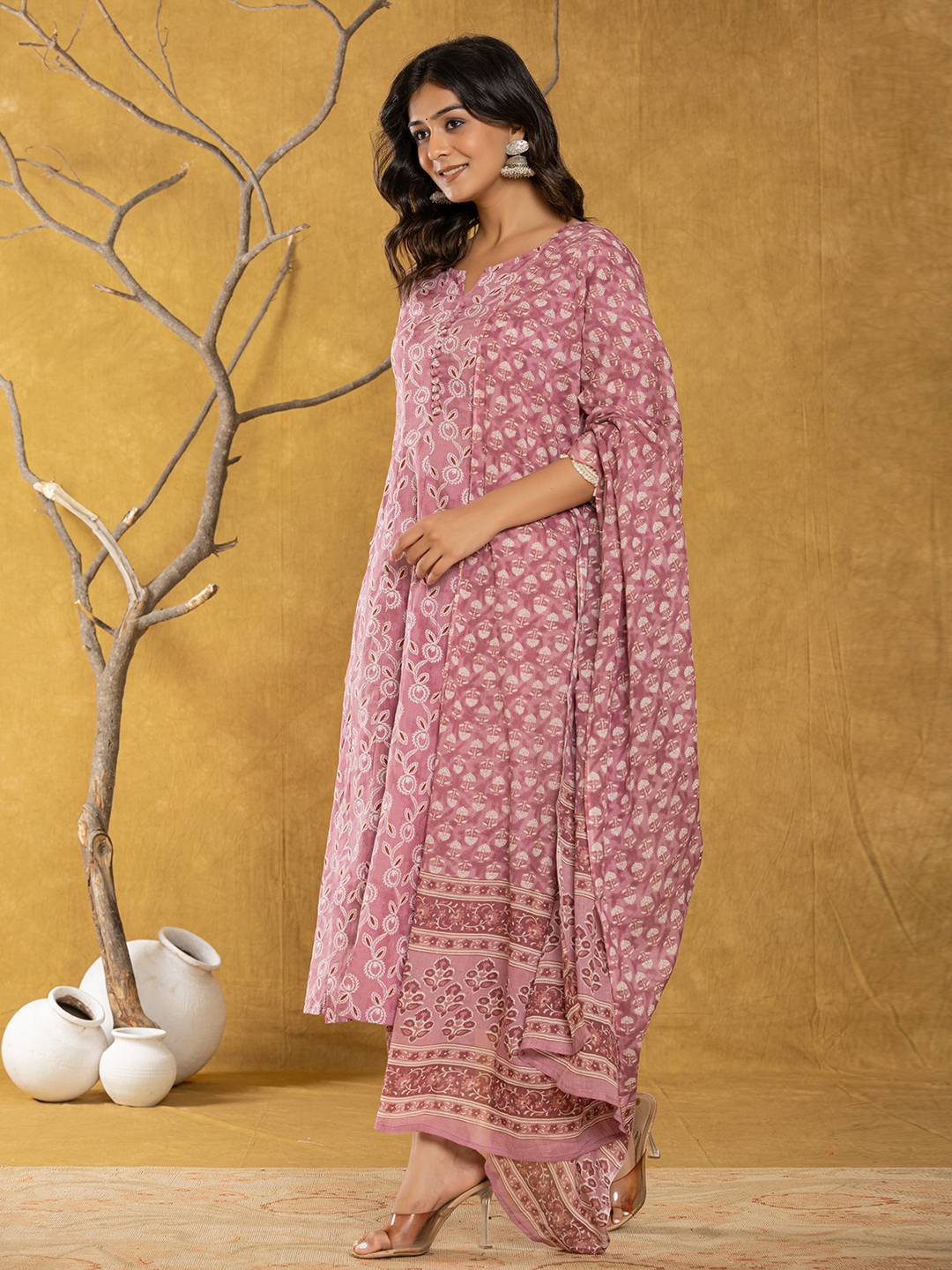 Yufta Pink Lace-Work Cotton Anarkali Kurta & Trouser Dupatta Set - Swadesiicart