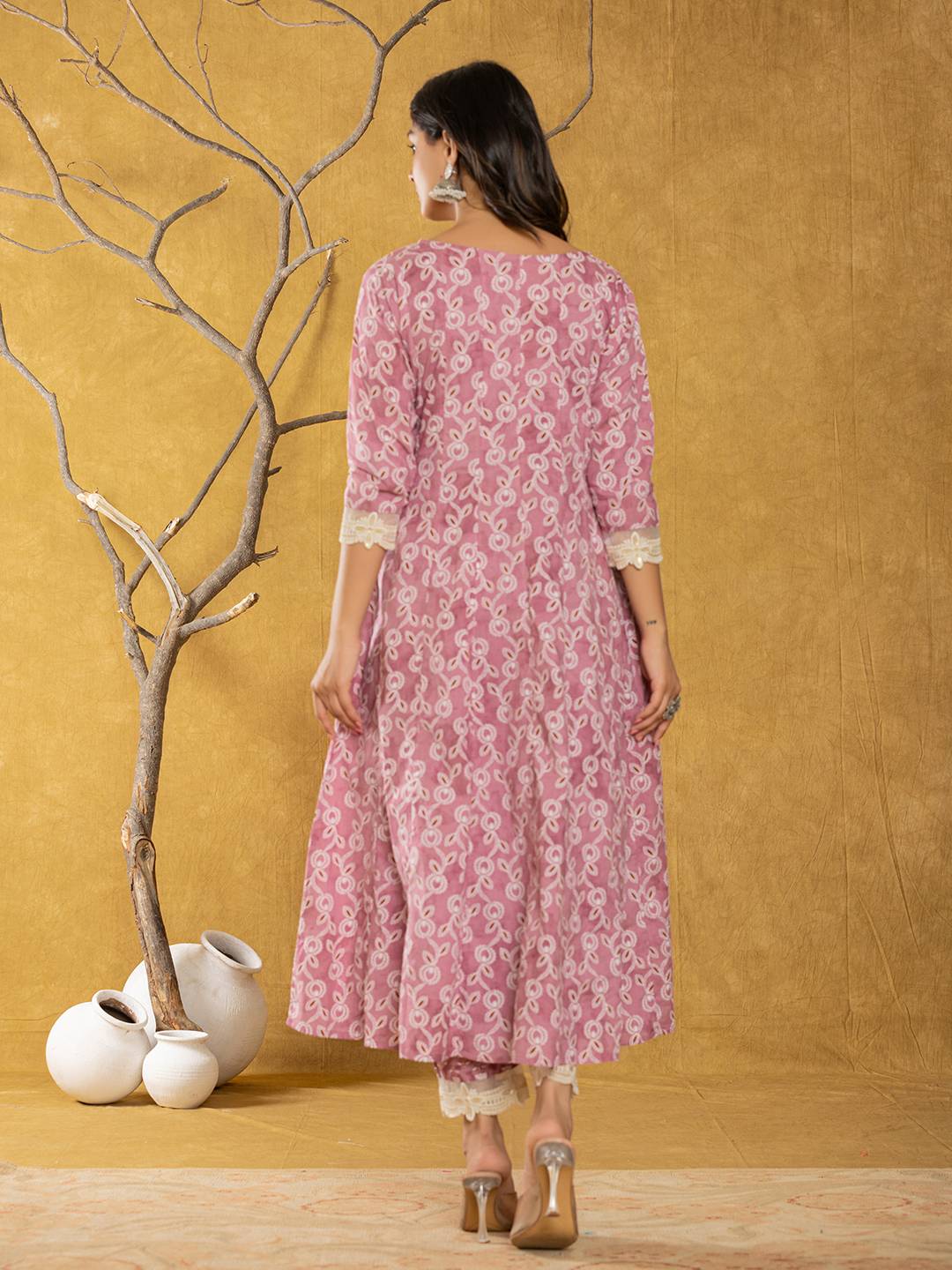 Yufta Pink Lace-Work Cotton Anarkali Kurta & Trouser Dupatta Set - Swadesiicart