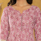 Yufta Pink Lace-Work Cotton Anarkali Kurta & Trouser Dupatta Set - Swadesiicart
