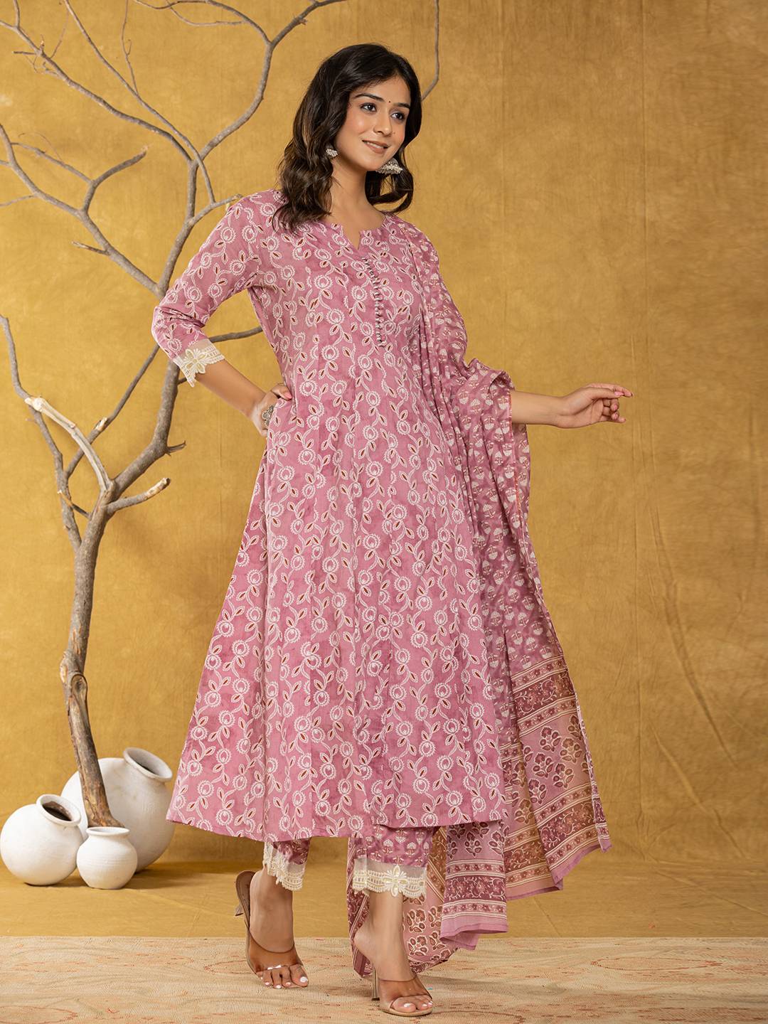 Yufta Pink Lace-Work Cotton Anarkali Kurta & Trouser Dupatta Set - Swadesiicart