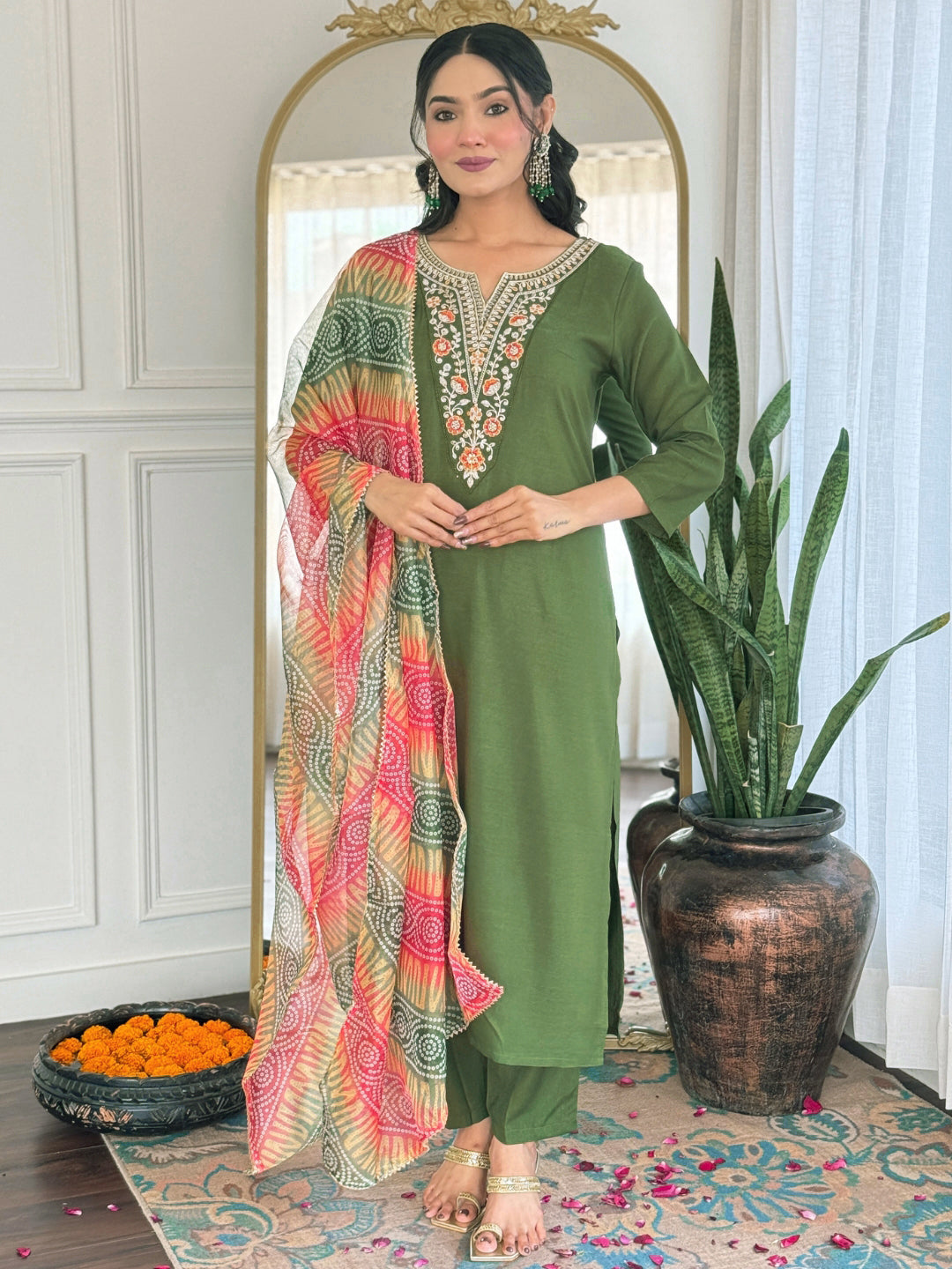 The52 Women's Gorgeous Rayon Embroidery work Straight Kurta with Pant and Dupatta Set - Swadesiicart