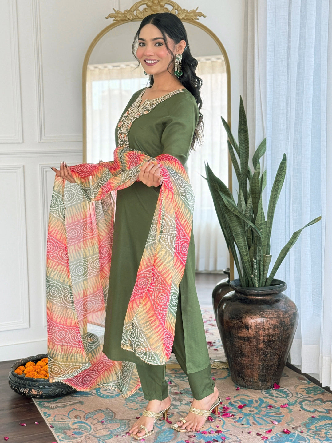 The52 Women's Gorgeous Rayon Embroidery work Straight Kurta with Pant and Dupatta Set - Swadesiicart