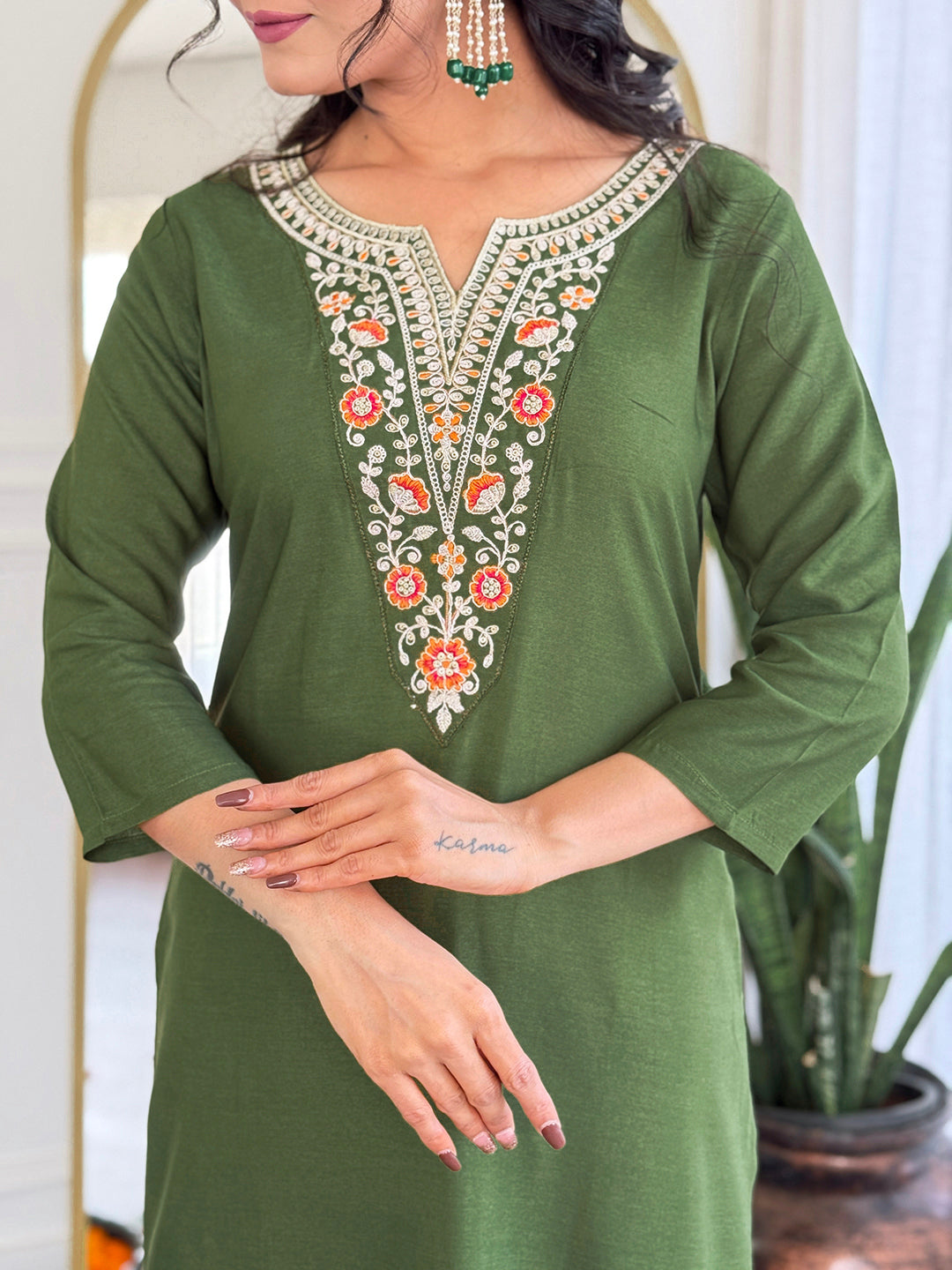 The52 Women's Gorgeous Rayon Embroidery work Straight Kurta with Pant and Dupatta Set - Swadesiicart