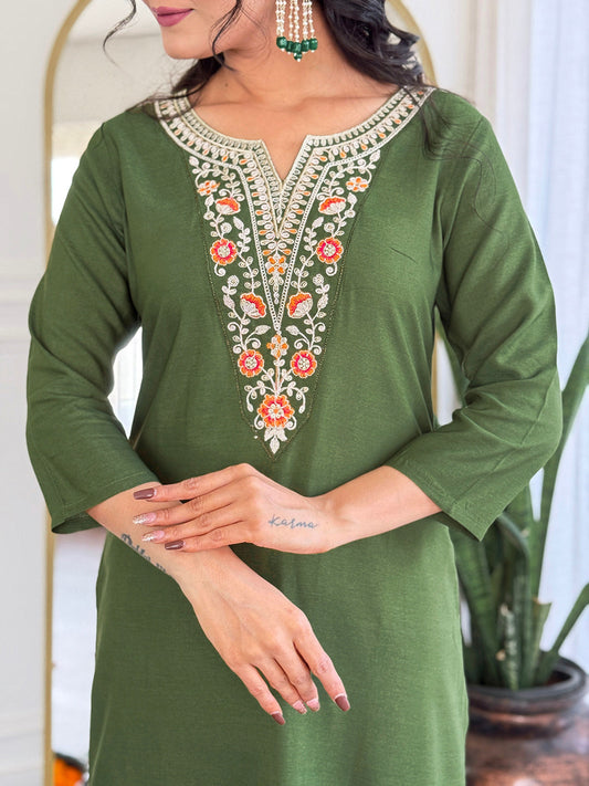 The52 Women's Gorgeous Rayon Embroidery work Straight Kurta with Pant and Dupatta Set - Swadesiicart
