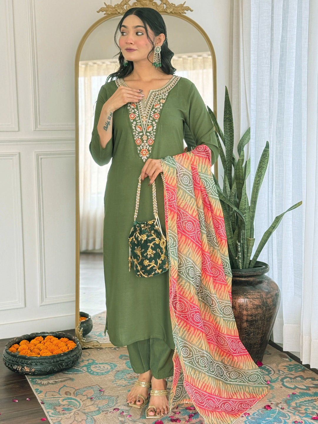 The52 Women's Gorgeous Rayon Embroidery work Straight Kurta with Pant and Dupatta Set - Swadesiicart