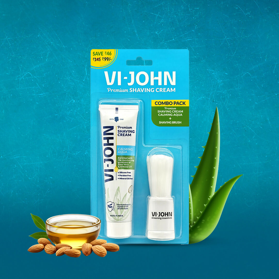 VI-JOHN Dermatologically Tested Premium Purifying Charcoal Shaving Cream With Shaving Brush Enriched with Aloevera & Jojoba Oil Free From Silicone, Paraben & Mineral Oil | Swadesiicart