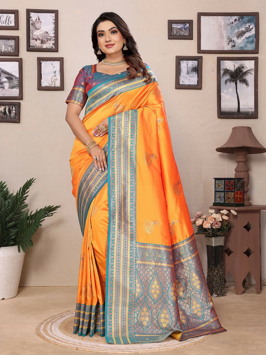 Joban Fashion Banarasi Orange Small Butti Soft Silk Saree | Swadesiicart