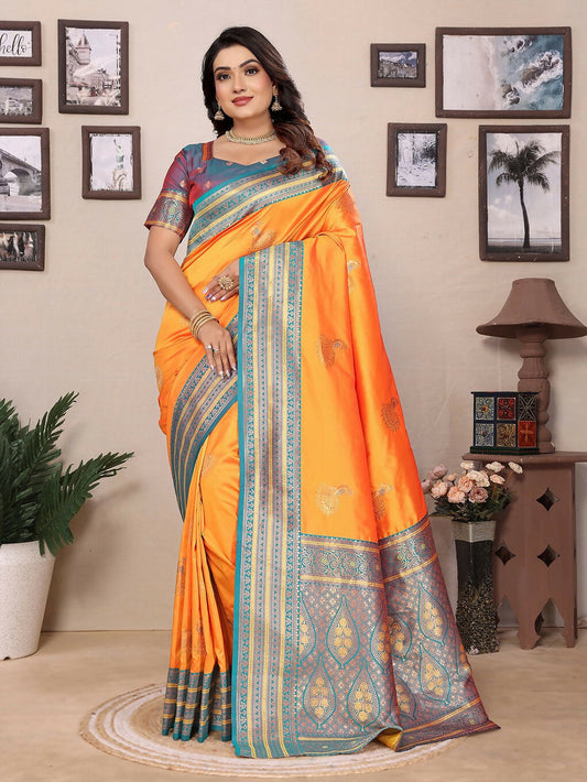 Joban Fashion Banarasi Orange Small Butti Soft Silk Saree | Swadesiicart