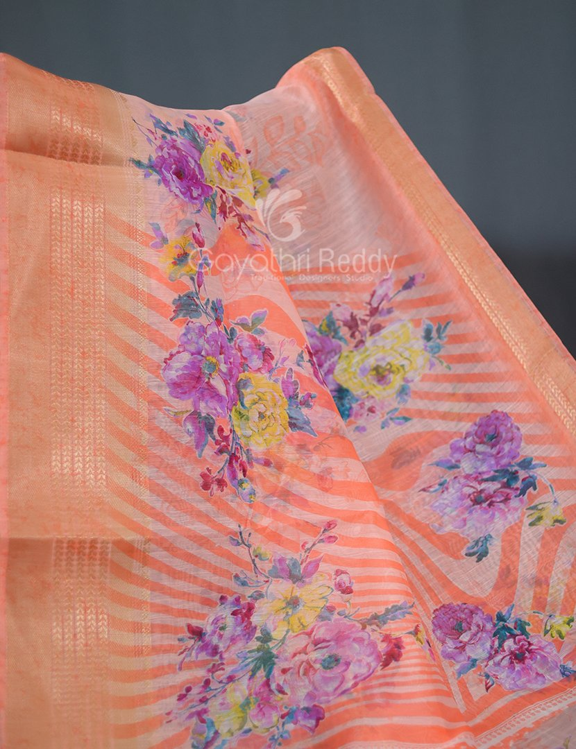 Shades of Light Peach With Floral Print Semi Chanderi Saree By Gayathri Reddy Designer Studio | Swadesiicart