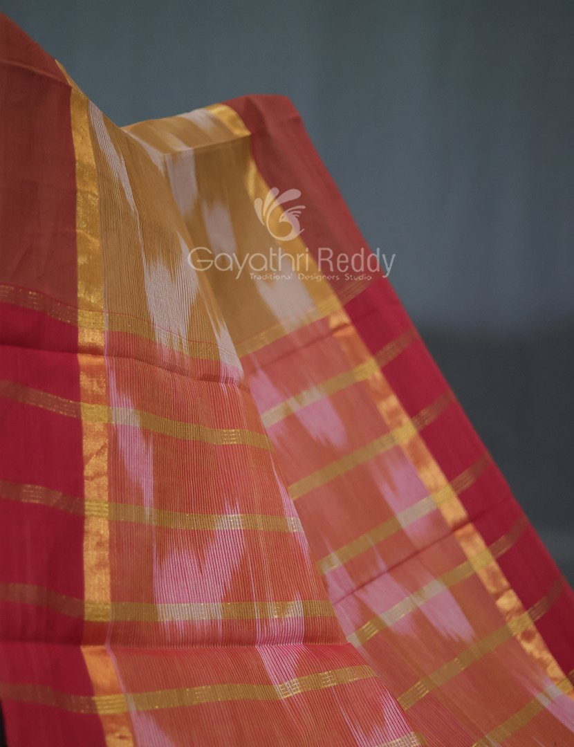 Dual Shades of Light Beige And Dark Rust Mangalagiri Ikkat Cotton Saree By Gayathri Reddy Designer Studio | Swadesiicart