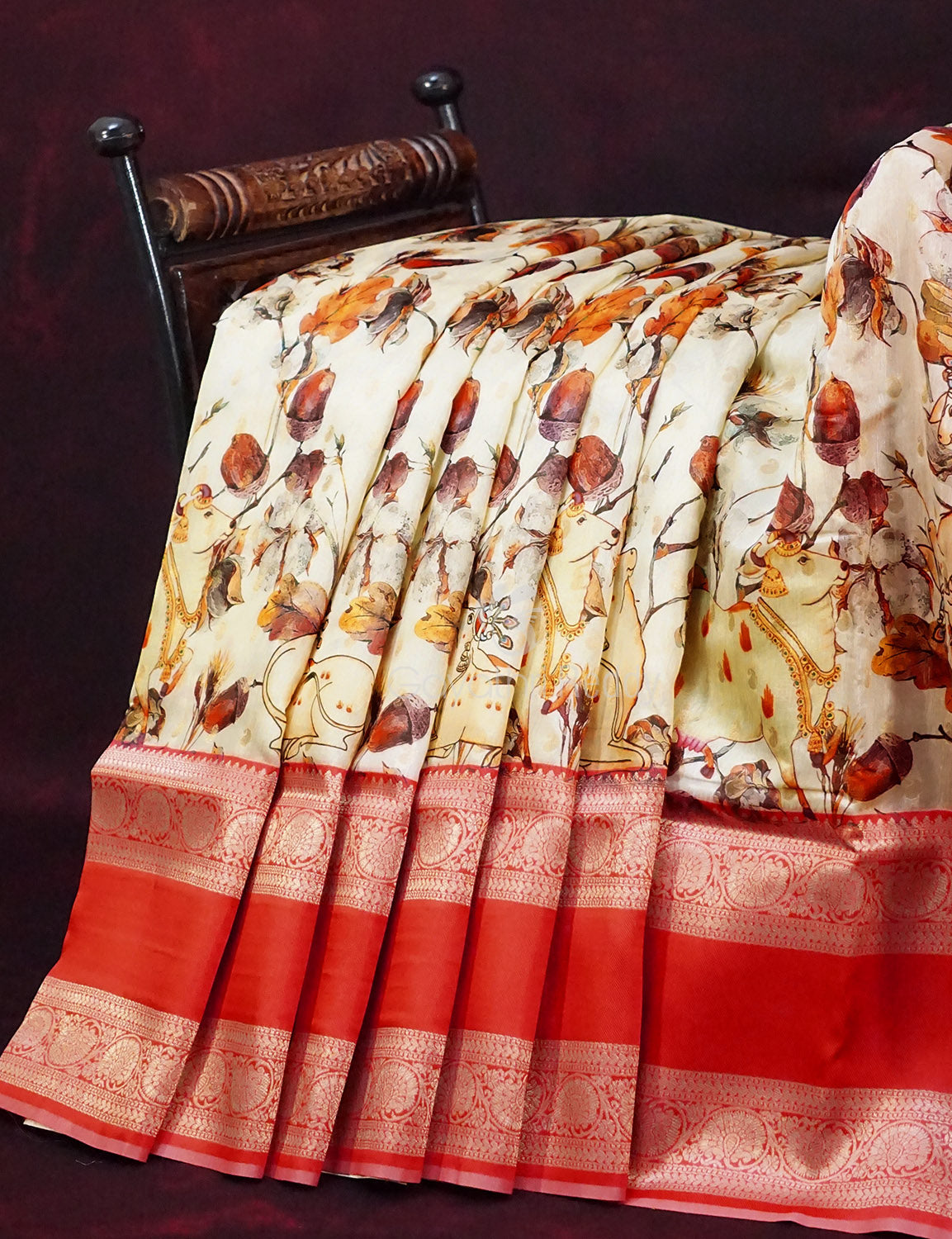 Milk White Banaras Border Pichwai Design Banarasi Semi Silk Saree By Gayathri Reddy Designer Studio | Swadesiicart