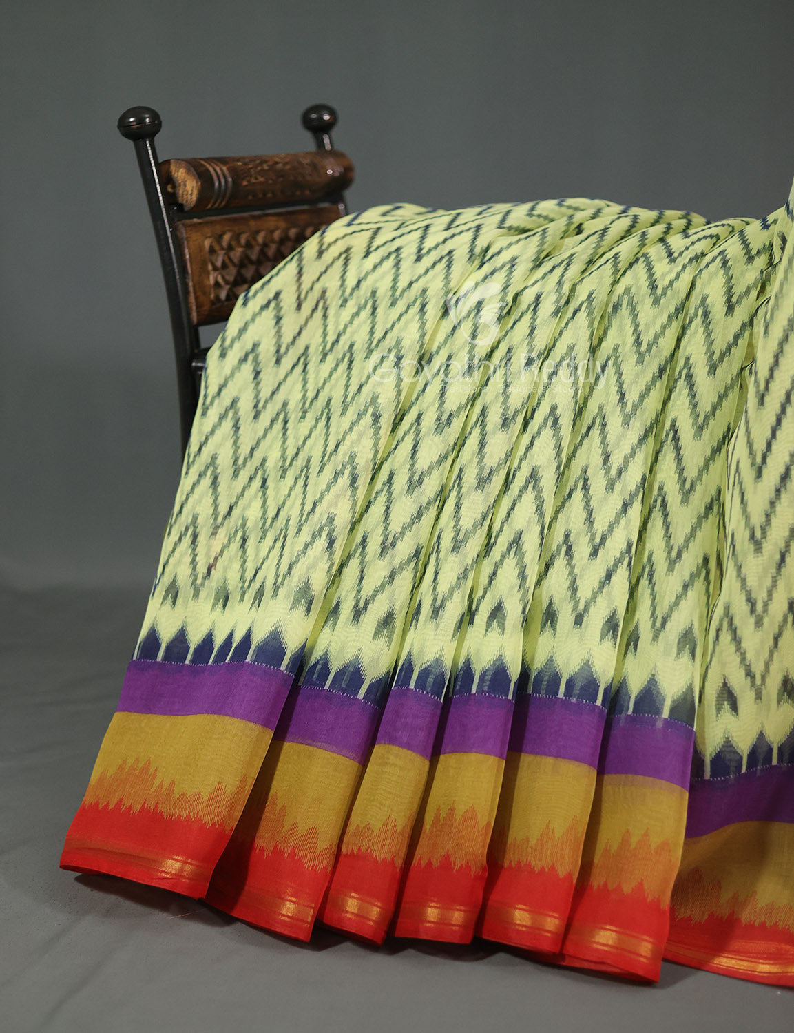 Shades of Light Apple Green And Orange Colour Blouse Ikat Design Semi Chanderi Saree By Gayathri Reddy Designer Studio | Swadesiicart