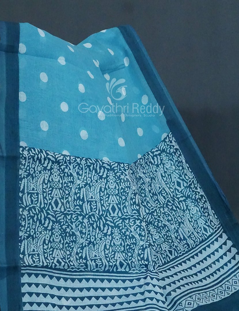 Shades of Sky Blue With Polka Print Munga Cotton Saree By Gayathri Reddy Designer Studio | Swadesiicart