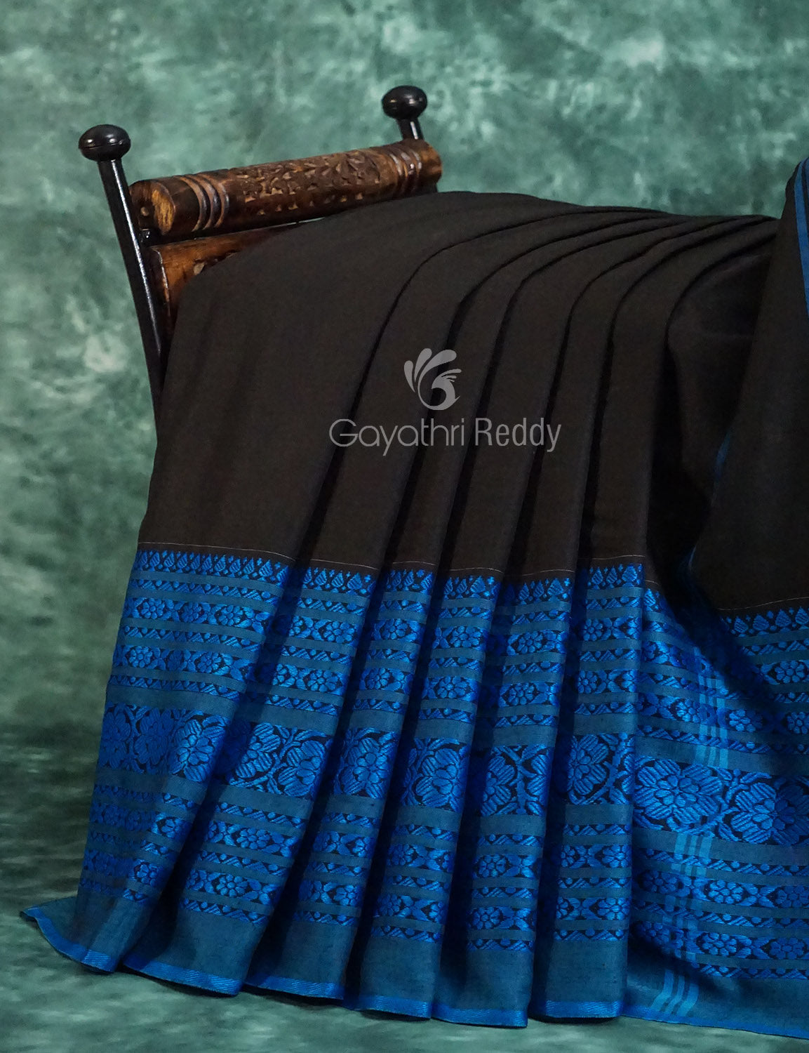 Black And Ink Blue Colour Contrast Thread Border Khadi Cotton Saree By Gayathri Reddy Designer Studio | Swadesiicart