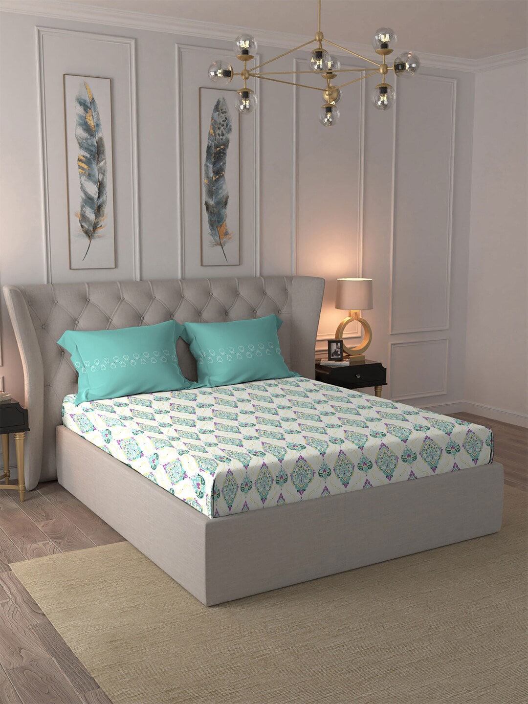 MYTRIDENT Moments White Blue Ethnic Motifs Pure Cotton 120 TC Bedsheet 2 Pillow Covers - Swadesiicart