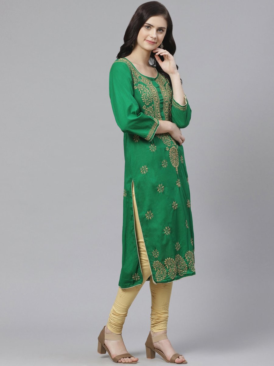 ADA Women Green & Beige Chikankari Embroidered Sustainable Handloom Kurta with Churidar | Swadesiicart