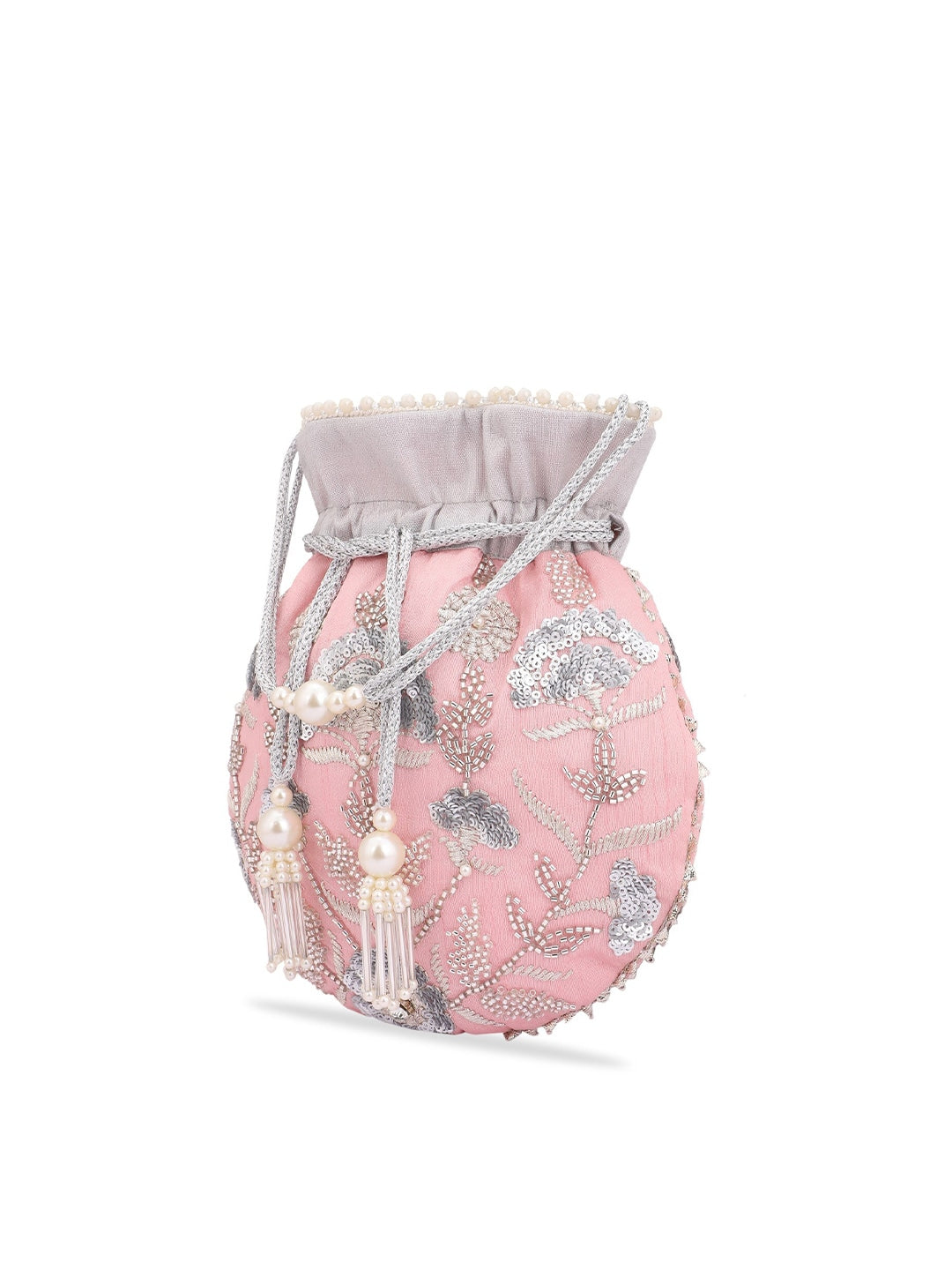 Masq Peach-Coloured & Grey Embroidered Potli Clutch - Swadesiicart
