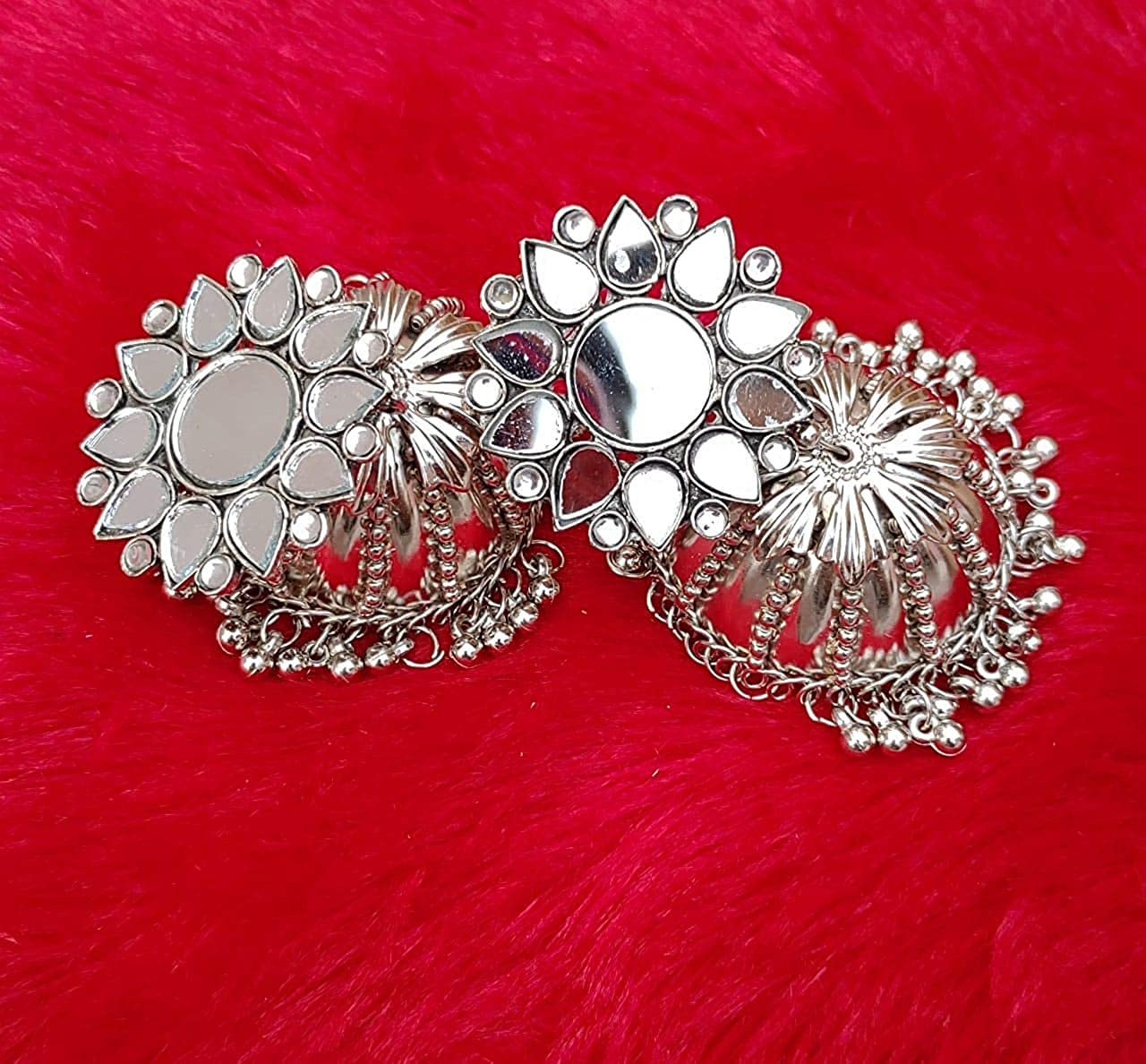 Rhodium-Plated Alloy Round Mirror Studded Jhumki Earrings - The Pari - Swadesiicart