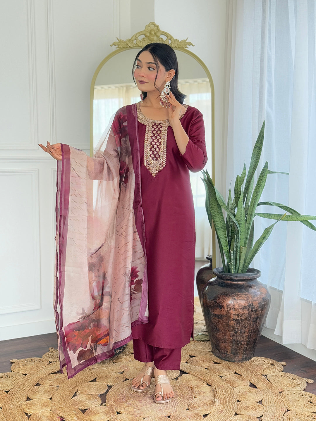 The52 Women's Gorgeous Rayon Embroidery Straight Kurta with Pant And Dupatta Set - Swadesiicart