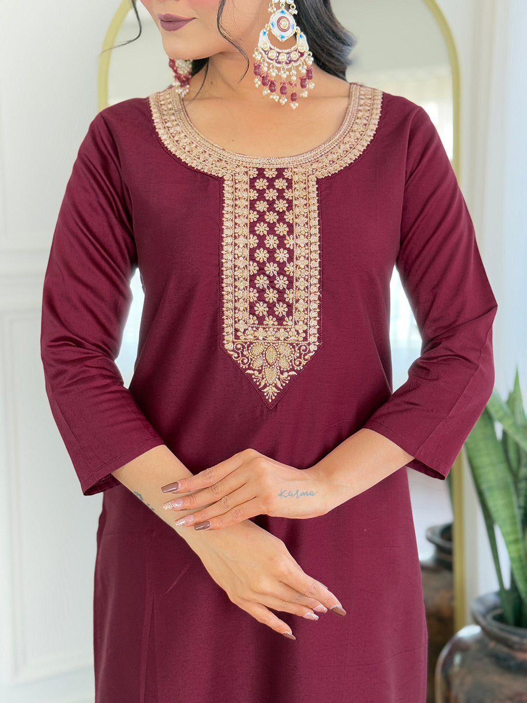 The52 Women's Gorgeous Rayon Embroidery Straight Kurta with Pant And Dupatta Set - Swadesiicart