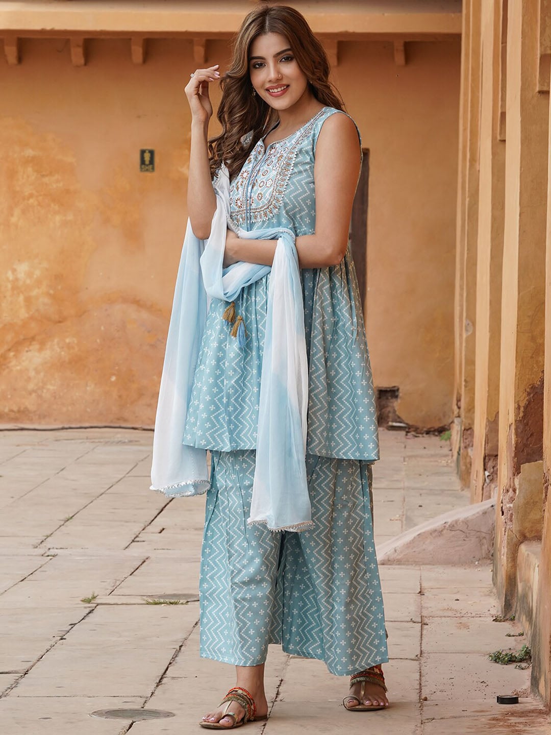 Kalini Ethnic Motifs Printed Thread Work A-Line Kurta With Sharara & Dupatta | Swadesiicart