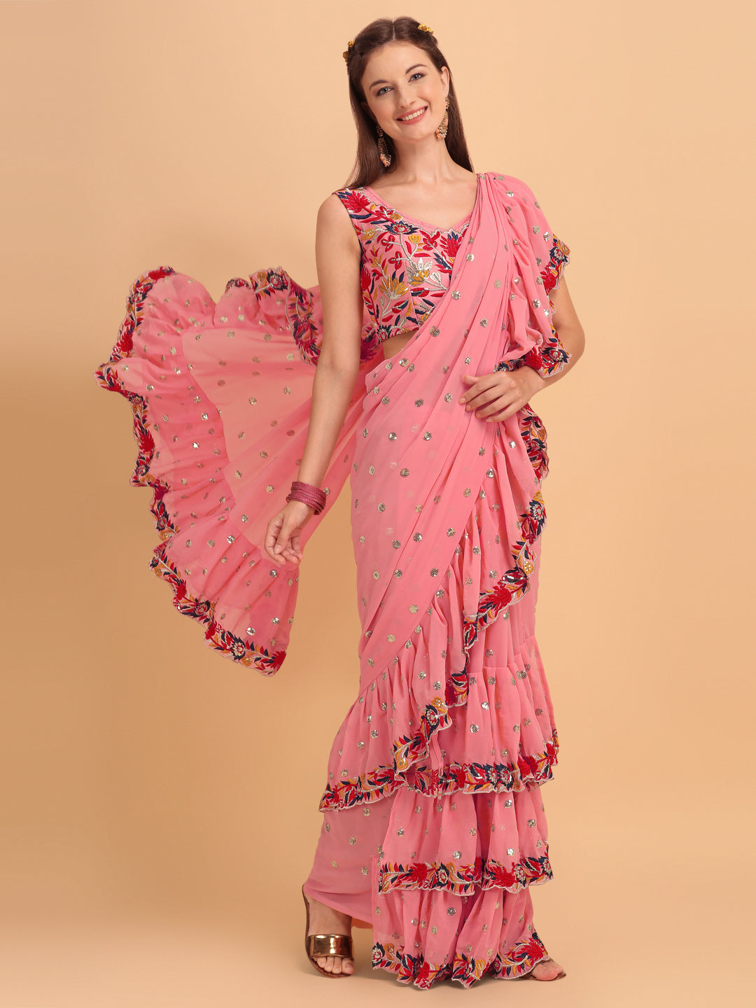 Lorenvalley Fashion Peach Faux Georgette Ruffle Saree with Fancy Sequence work & Blouse - Swadesiicart