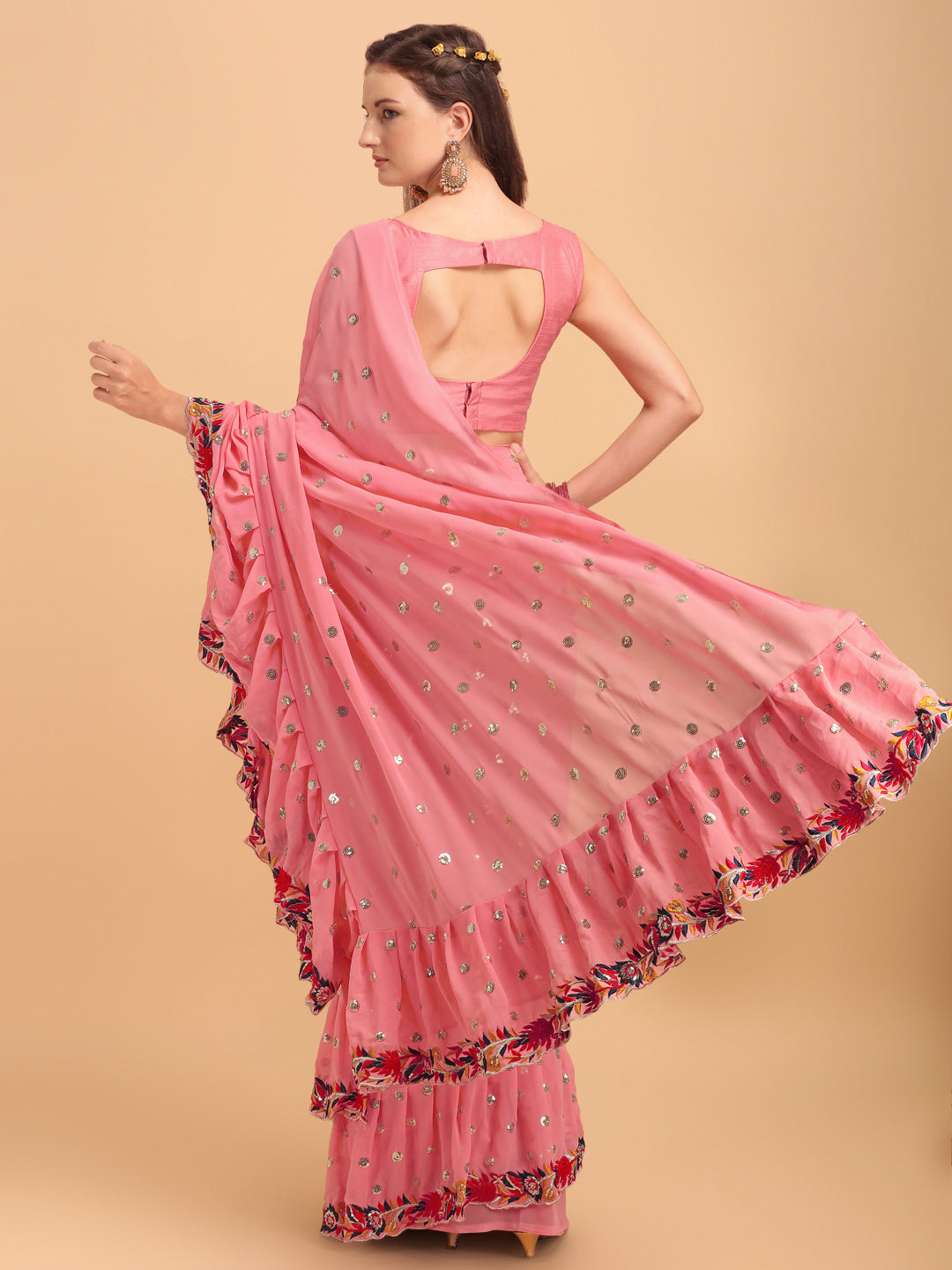 Lorenvalley Fashion Peach Faux Georgette Ruffle Saree with Fancy Sequence work & Blouse - Swadesiicart