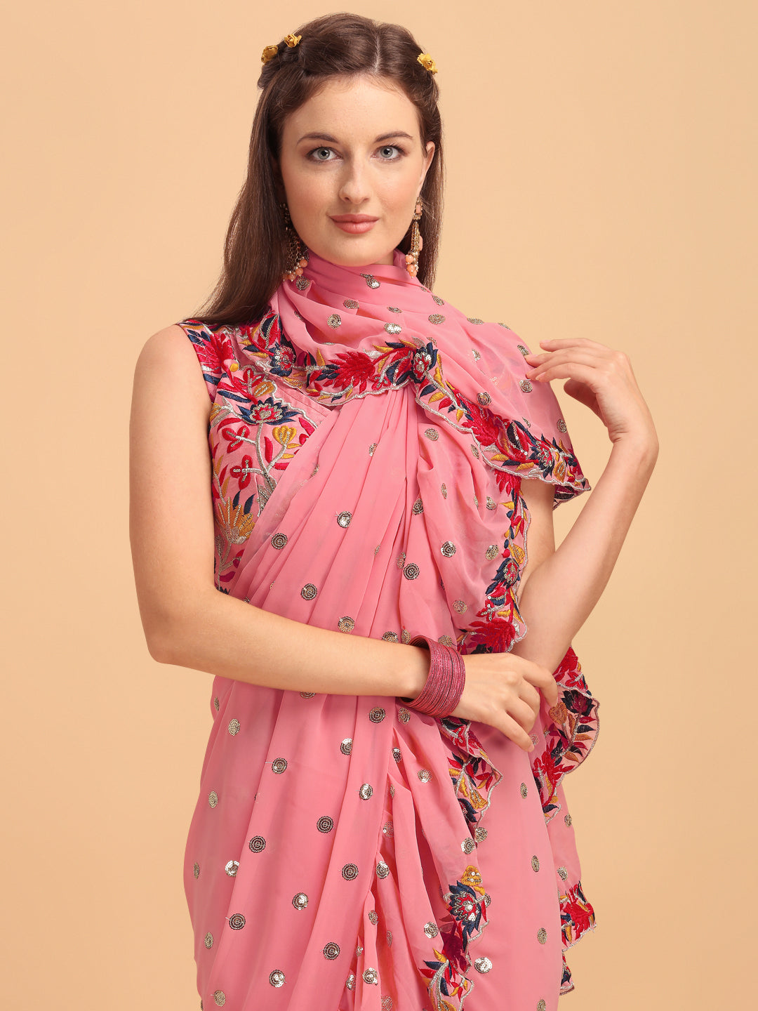 Lorenvalley Fashion Peach Faux Georgette Ruffle Saree with Fancy Sequence work & Blouse - Swadesiicart