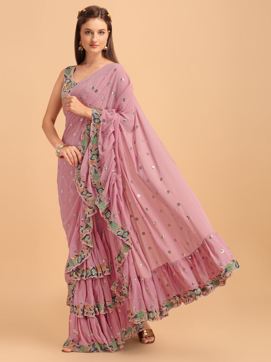 Lorenvalley Fashion Pink Faux Georgette Ruffle Saree with Fancy Sequence work & Blouse - Swadesiicart