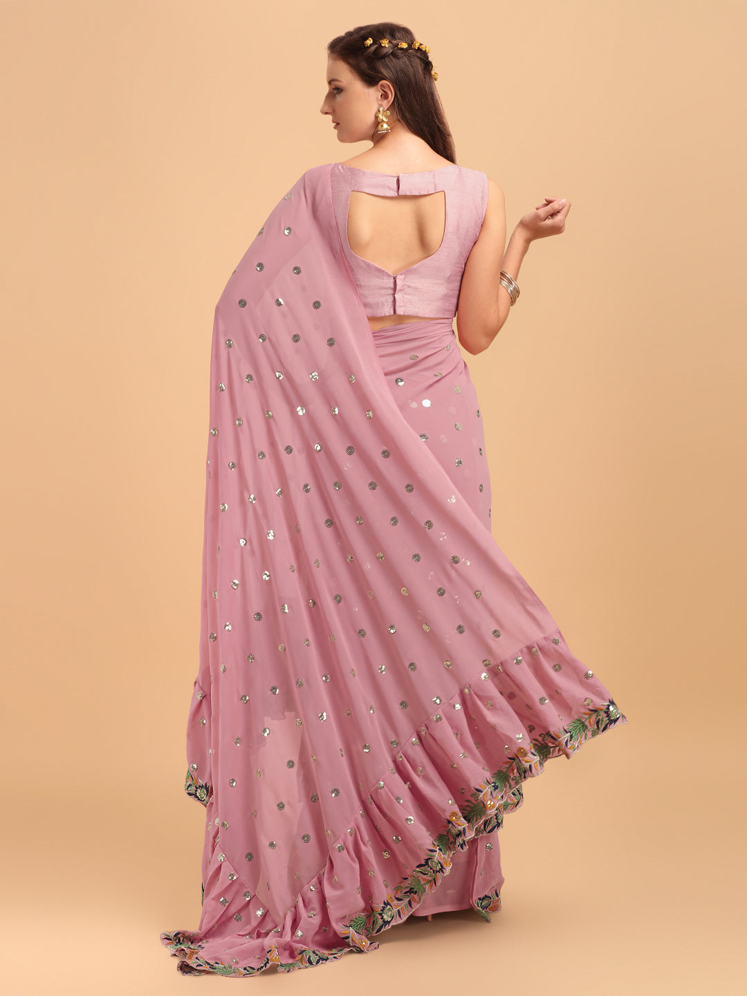 Lorenvalley Fashion Pink Faux Georgette Ruffle Saree with Fancy Sequence work & Blouse - Swadesiicart