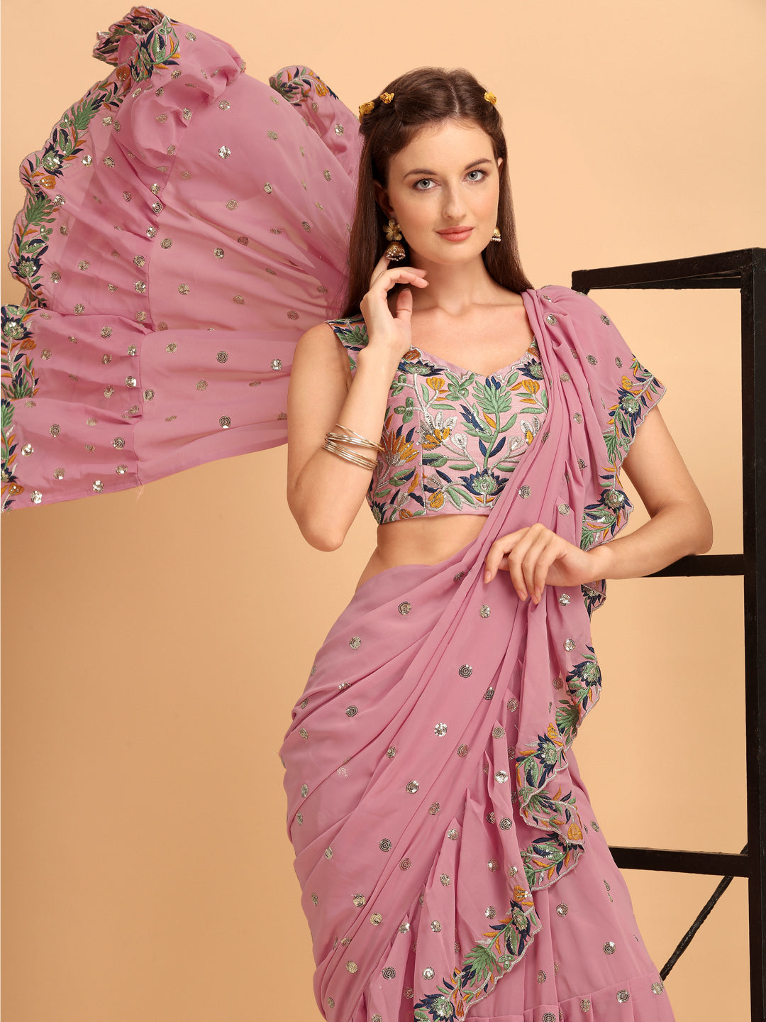 Lorenvalley Fashion Pink Faux Georgette Ruffle Saree with Fancy Sequence work & Blouse - Swadesiicart