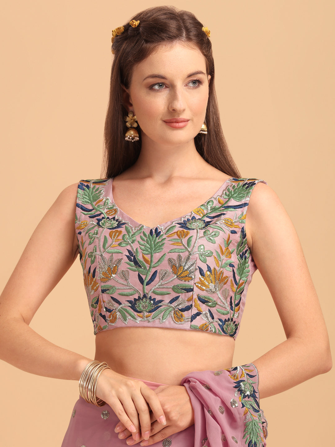 Lorenvalley Fashion Pink Faux Georgette Ruffle Saree with Fancy Sequence work & Blouse - Swadesiicart