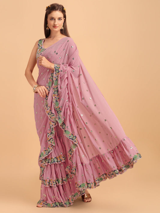 Lorenvalley Fashion Pink Faux Georgette Ruffle Saree with Fancy Sequence work & Blouse - Swadesiicart