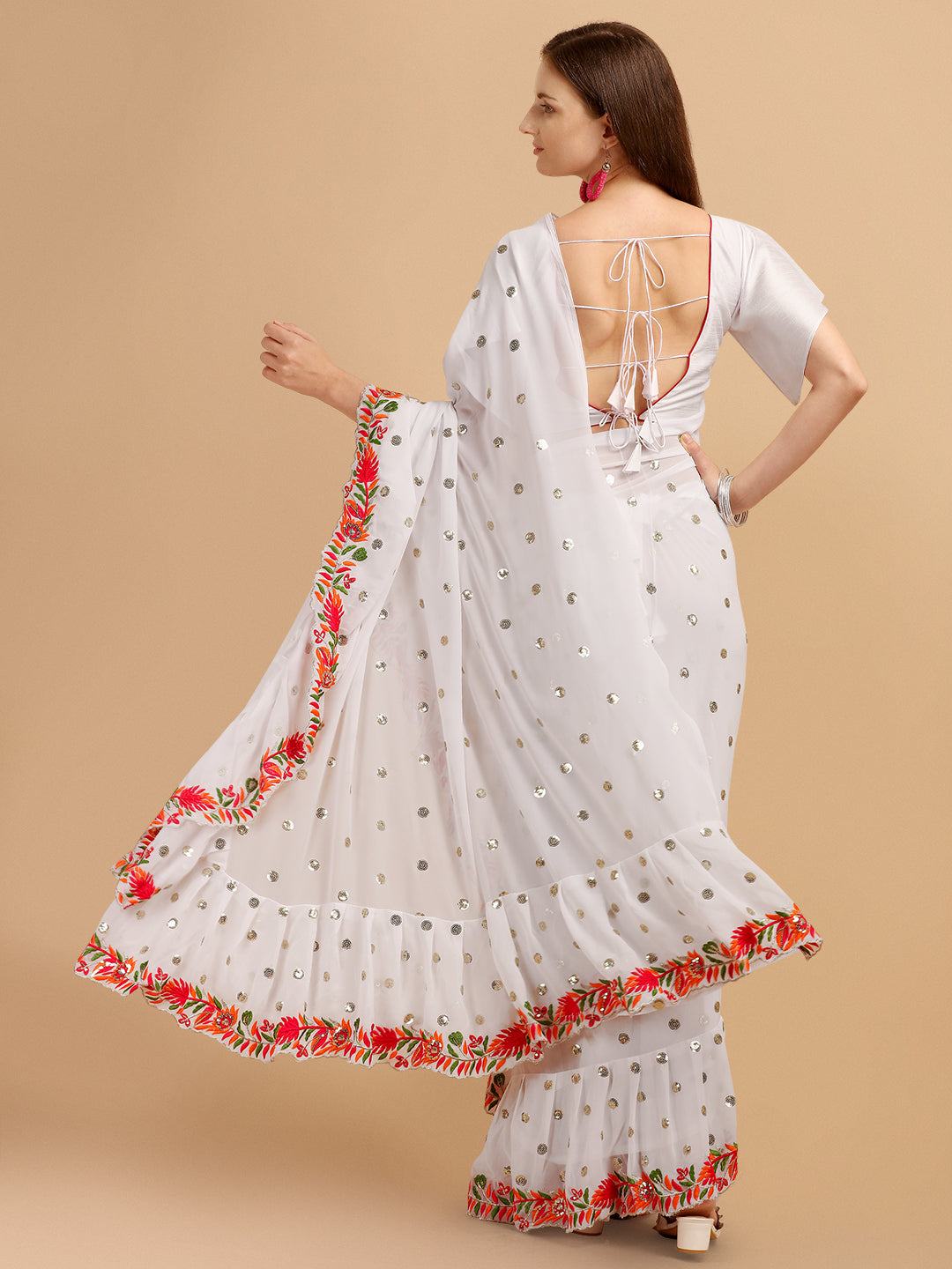 Lorenvalley Fashion White Faux Georgette Ruffle Saree with Fancy Sequence work & Blouse - Swadesiicart