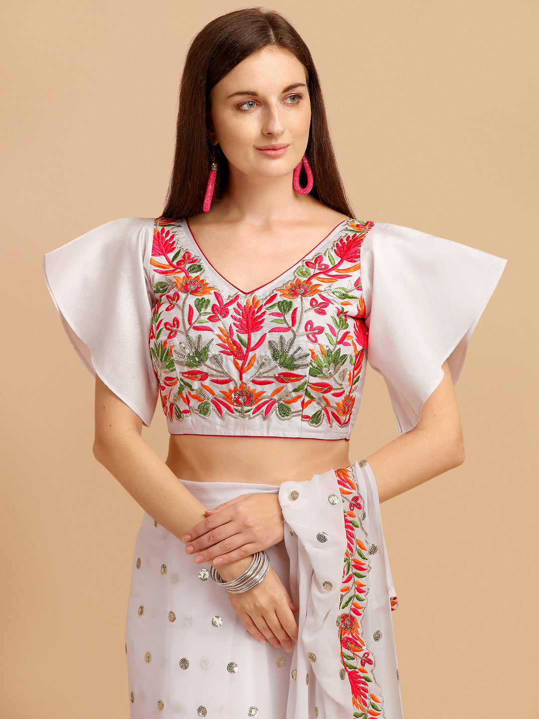 Lorenvalley Fashion White Faux Georgette Ruffle Saree with Fancy Sequence work & Blouse - Swadesiicart