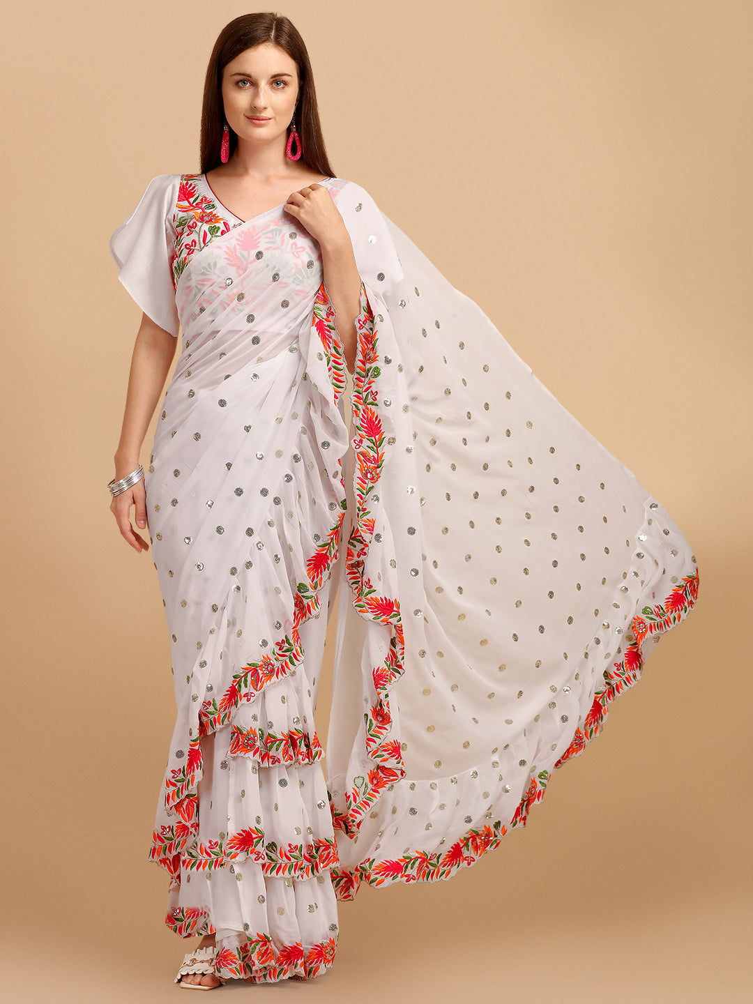 Lorenvalley Fashion White Faux Georgette Ruffle Saree with Fancy Sequence work & Blouse - Swadesiicart