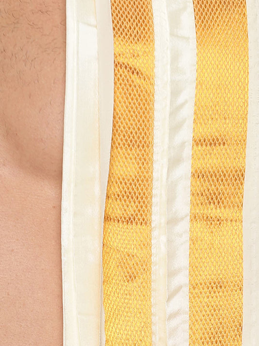 Sethukrishna Men Cream and Gold-Toned Solid Dhoti With Angavastram | Swadesiicart