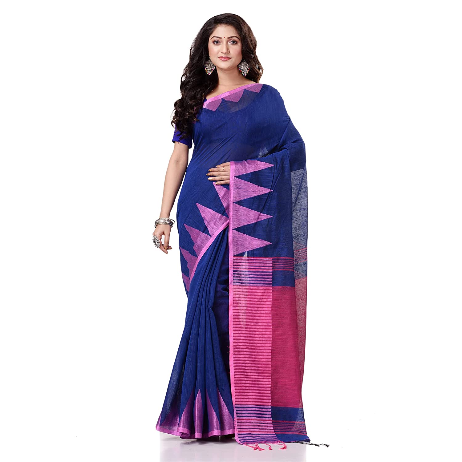 Desh Bidesh Women's Traditional Bengali Handloom Tant Pure Cotton Saree Khadi Temple Par Designed With Blouse Piece | Swadesiicart