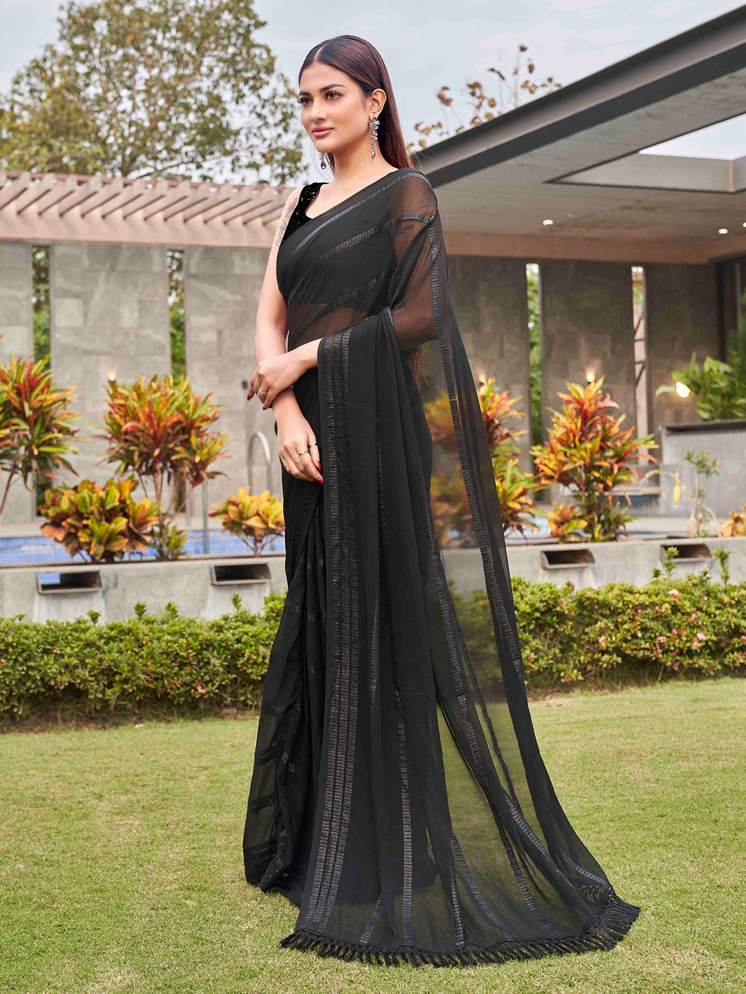 Tikhi Imli Black Striped Sequinned Saree | Swadesiicart