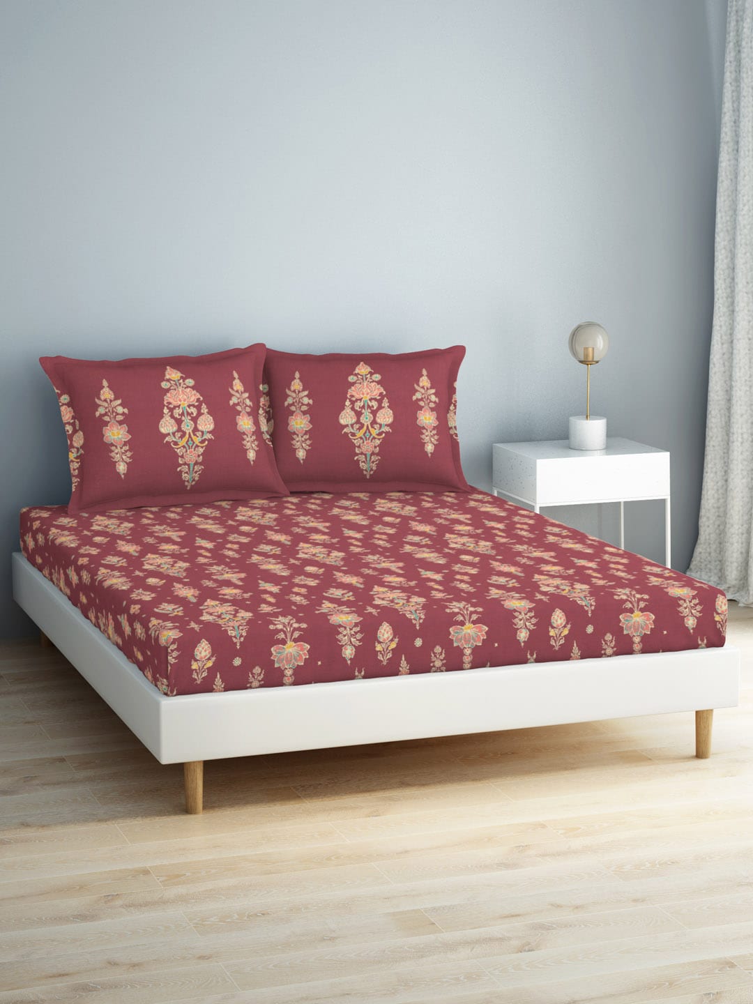 SPACES Aurum Red Ethnic Motifs Pure Cotton 140 TC Queen Bedsheet with 2 Pillow Covers - Swadesiicart
