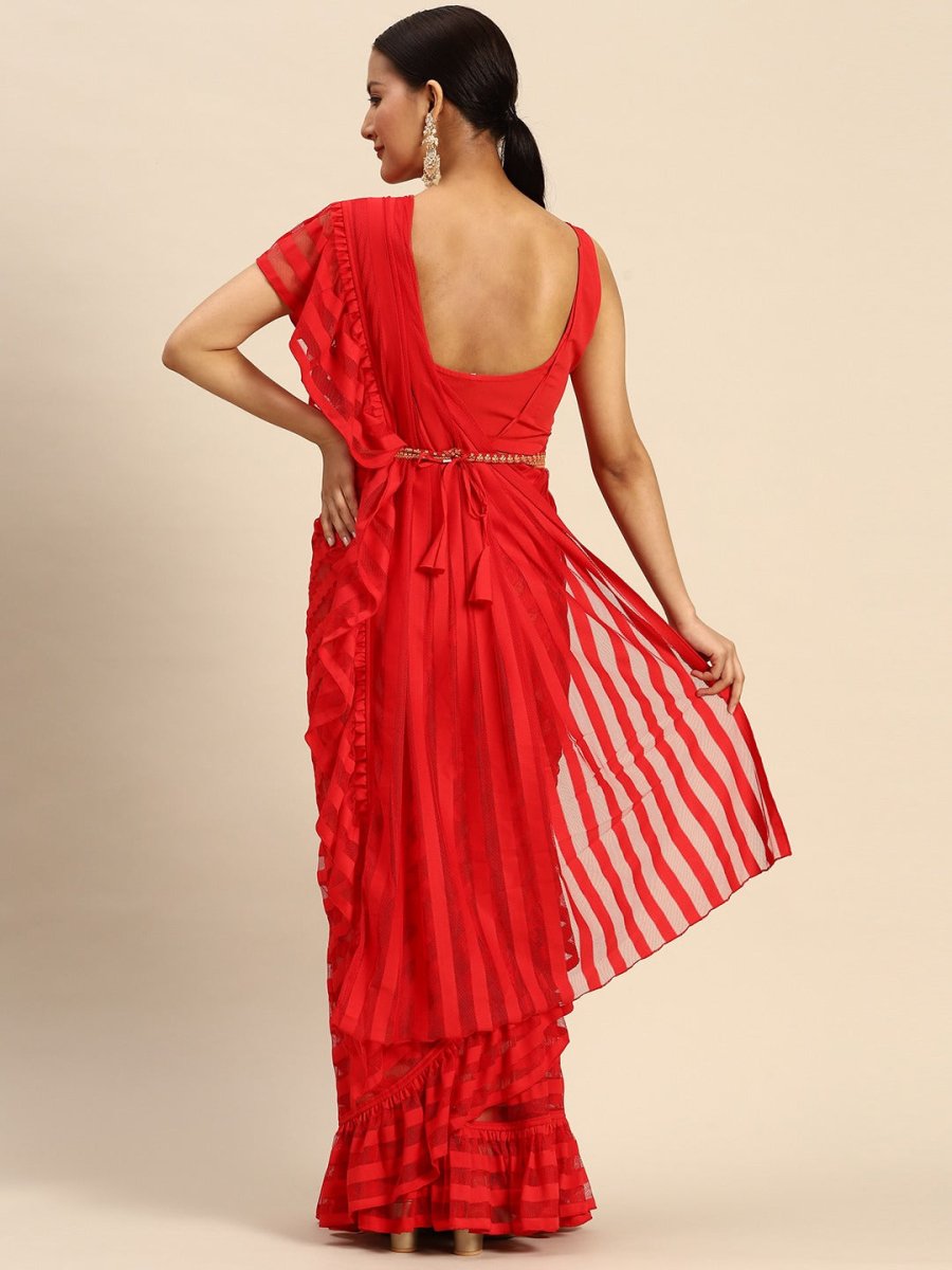 Ahalyaa Striped Net Ready To Wear Saree | Swadesiicart