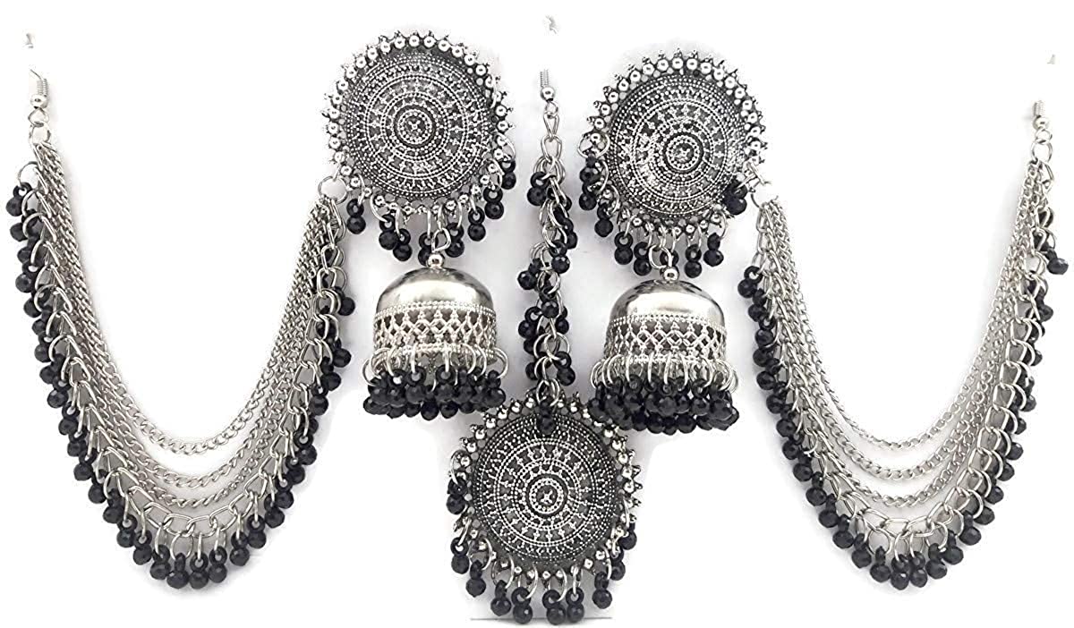 Silver-Plated Alloy Silver Black Earrings With Hair Extension - The Pari - The Pari - Dinesh Associates
