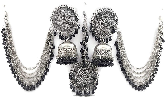 Silver-Plated Alloy Silver Black Earrings With Hair Extension - The Pari - The Pari - Dinesh Associates