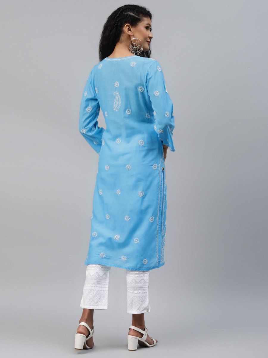 ADA Women Blue & White Ethnic Motifs Hand Embroidered Chikankari Handloom Kurta | Swadesiicart