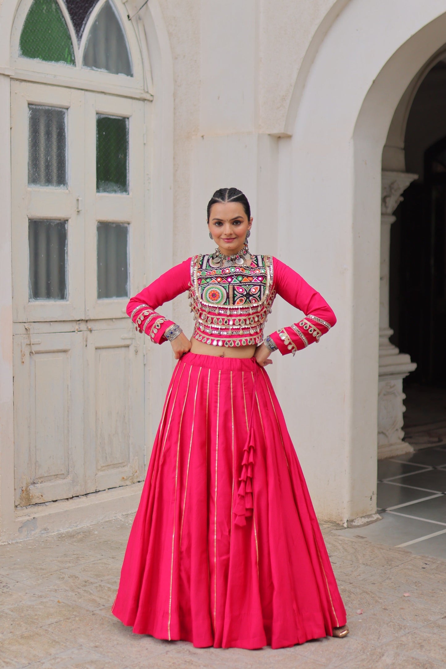 Lorenvalley Fashion Pink Roman Silk with Attractive Gota-Patti Lace Lehenga Choli | Swadesiicart